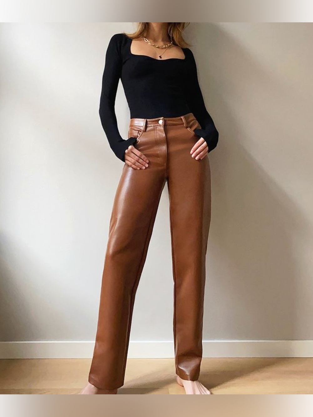 WILFRED x ARITZIA The Melina Pant High Waisted Vegan Leather Cognac Brown Size 2
